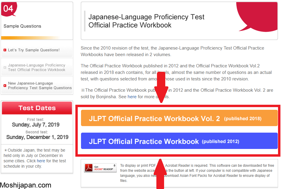 Five different tests classified by level in JLPT test 3